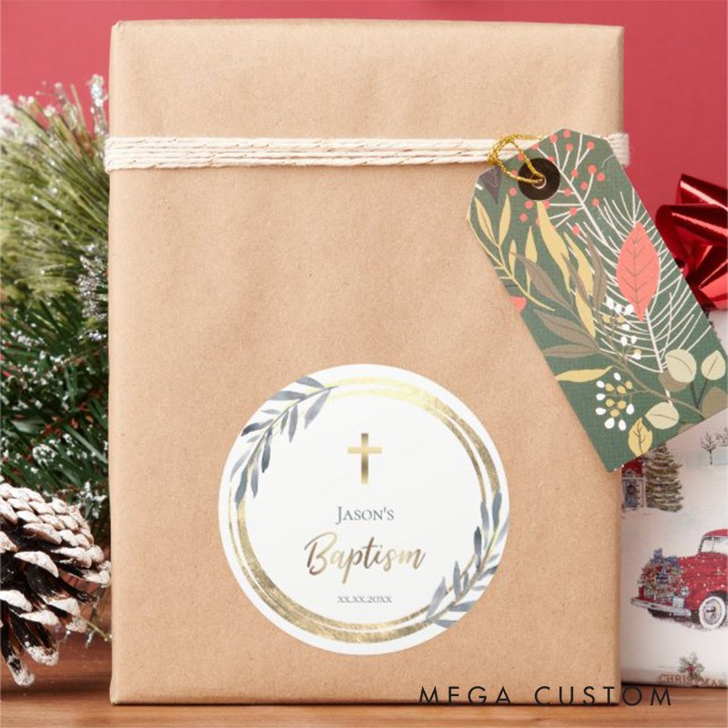 Personalized Dusty Blue Wreath Cross Classic Round Sticker with Name and Date Christian Gift Baptism Gift for Boys