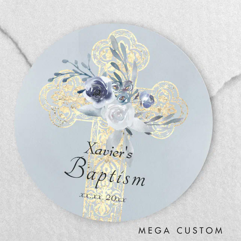 Personalized Floral Cross Classic Round Sticker with Name and Date Religious Gift Baptism Gift for Girls