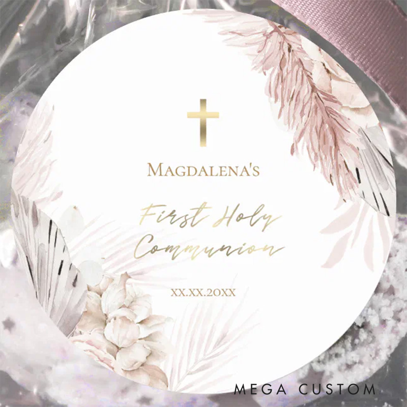 Personalized Boho Flowers with Cross Classic Round Sticker with Name and Date Religious Gift First Holy Communion Gift for Girls
