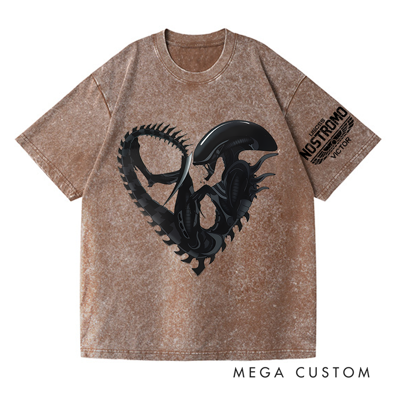 Personalized the Alien Heart Washed T-Shirts Sci-fi Movie Horror Halloween Space Opera Tshirt for Movie TV Show Lovers