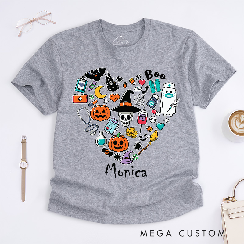 Personalized Nurse T-Shirts Spooky Heart Fashion Design T-Shirts Nurse Halloween Gifts