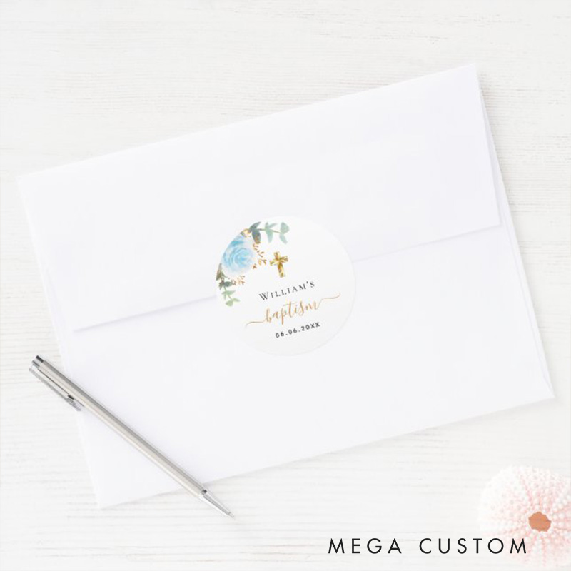 Personalized Eucalyptus Greenery Blue Floral Classic Round Sticker with Name and Date Religious Gift Baptism Gift