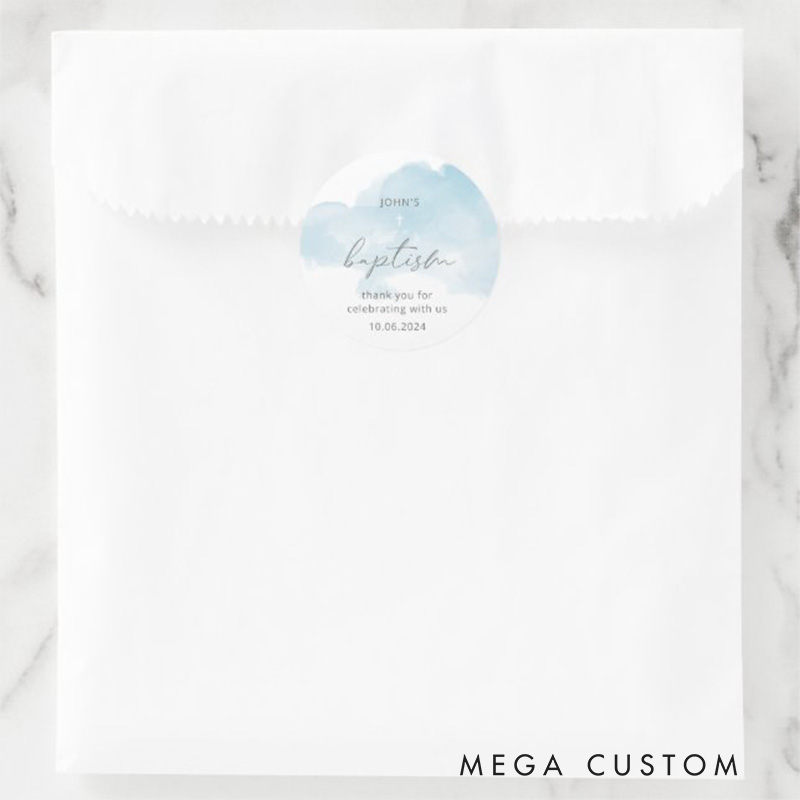 Personalized Minimal Blue Sky Classic Round Sticker with Name and Date Religious Gift Baptism Gift for Boys