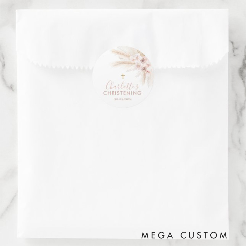 Personalized Boho Pampas Pink Floral Classic Round Sticker with Name and Date Religious Gift Baptism Christening Gift for Girls