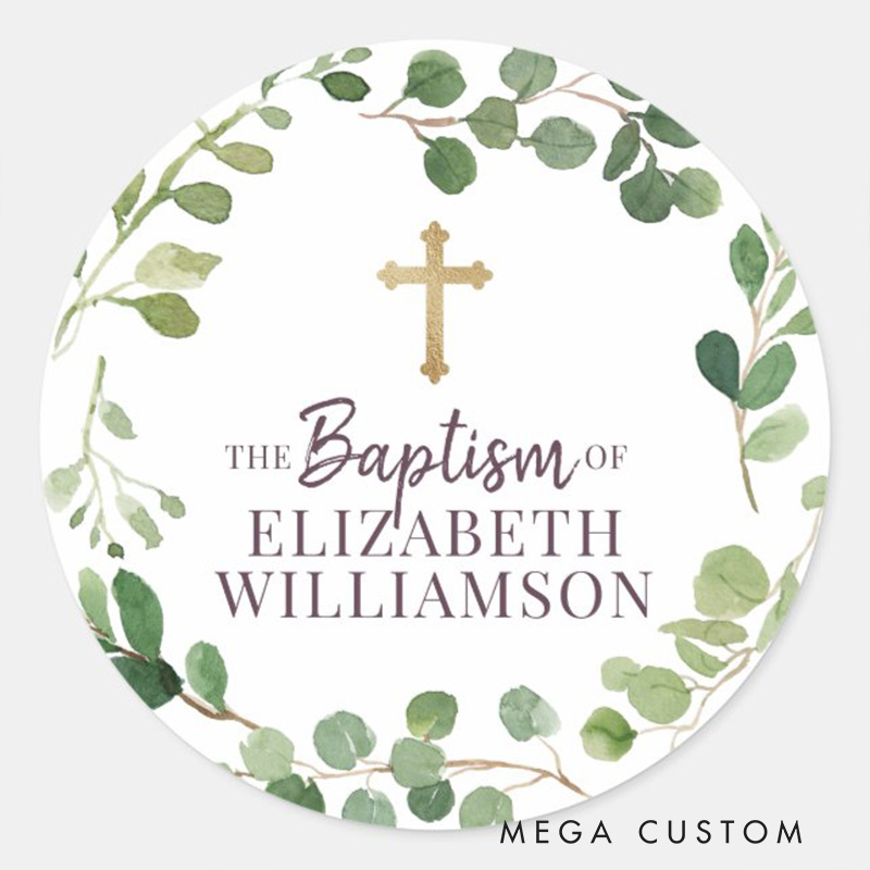 Personalized Watercolor Foliage Botanical Cross Classic Round Sticker with Name Religious Gift Baptism Christening Gift