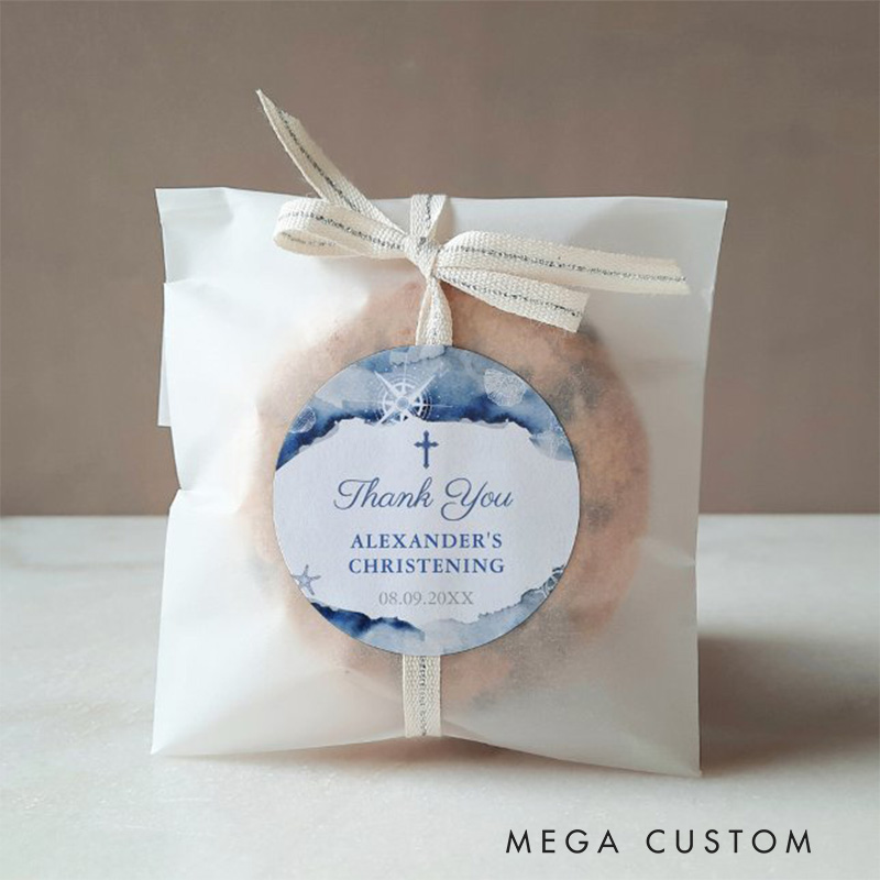 Personalized Navy Blue Nautical Thank you with Cross Classic Round Sticker with Name and Date Religious Gift Baptism Christening Gift for Boys