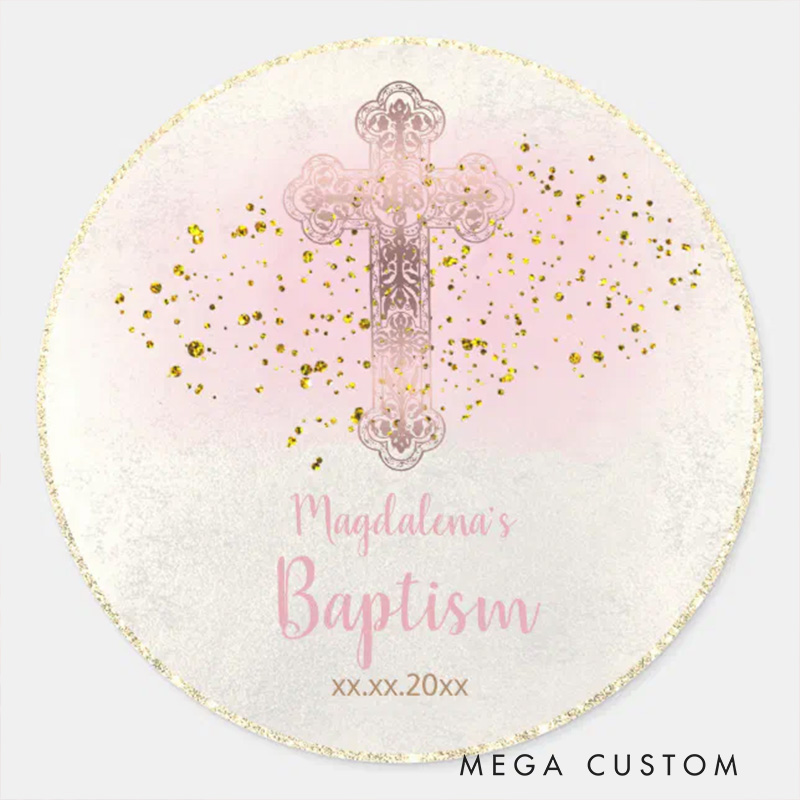 Personalized Holy Cross Classic Round Sticker with Name and Date Religious Gift Baptism Christening Gift for Girls