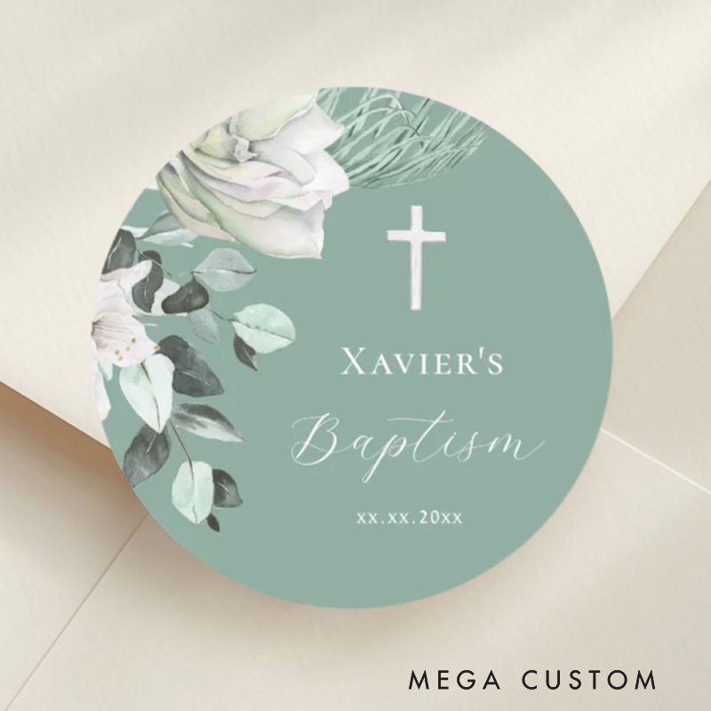 Personalized White Green Bouquet Round Sticker with Name and Date Religious Gift Baptism Christening Gift for Girls