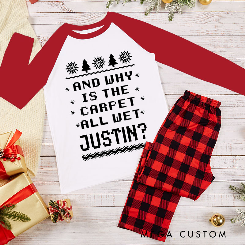 Personalized Couple Funny Why is the Carpet All Wet and I Don’t Know Xmas Pajamas Christmas Matching Pjs for Husband Wife Boyfriend Girlfriend