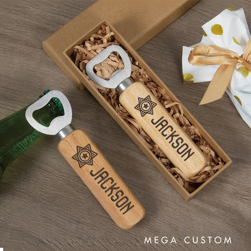 Personalized Wooden Handled Bottle Opener with Custom Police Badge Design Gift for Police Officer