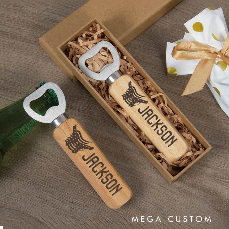 Personalized Wooden Handled Bottle Opener with Engraved Sheriff Badge Design Gift for Police Officer