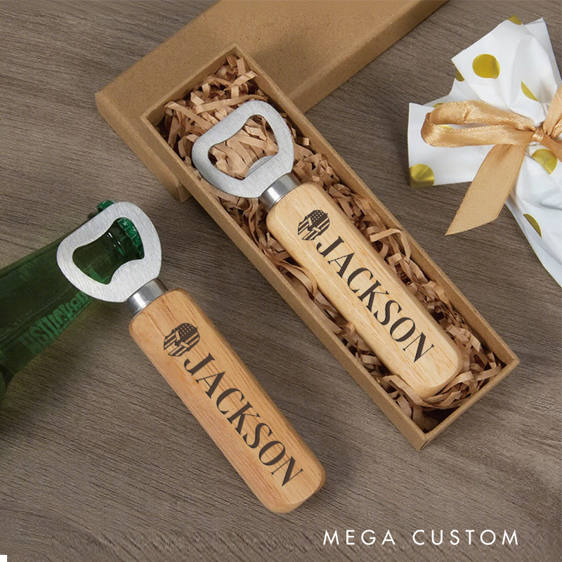 Personalized Wooden Handled Bottle Opener with Engraved Helmet Badge Design Gift for Police Officer