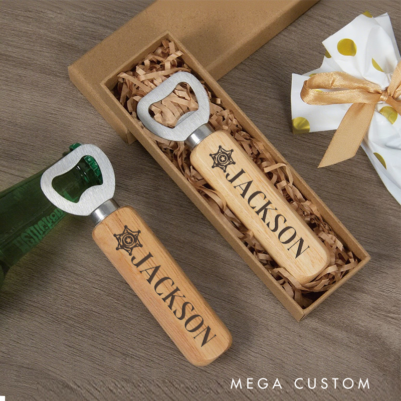 Personalized Wooden Handled Bottle Opener with Engraved Sheriff Star Design Gift for Police Officer