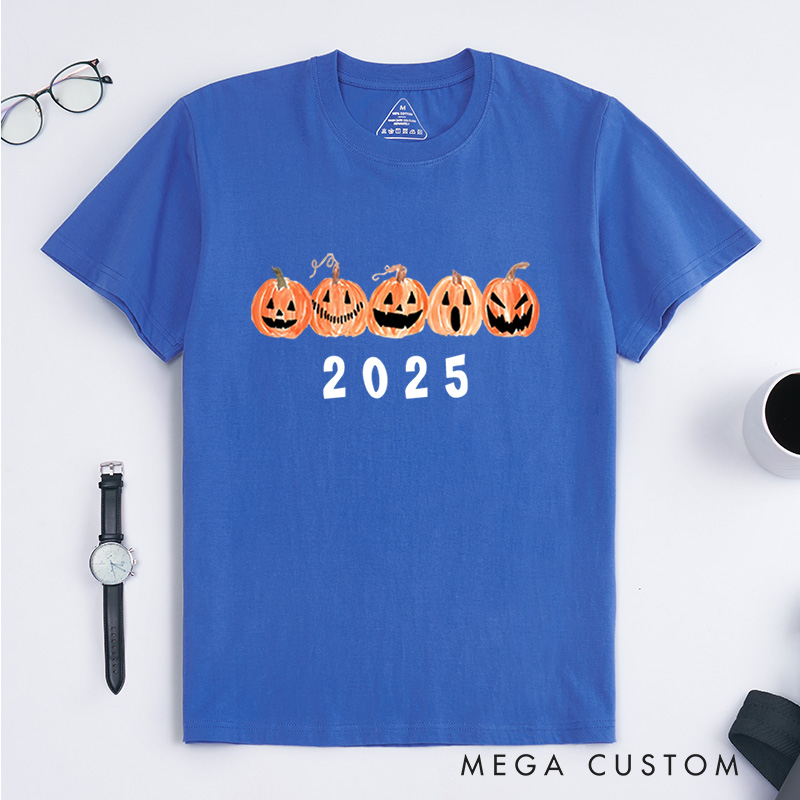 Personalized Row of Jack-O-Lantern Pumpkins Halloween T-Shirt Perfect for Seasonal Festivities T-Shirt