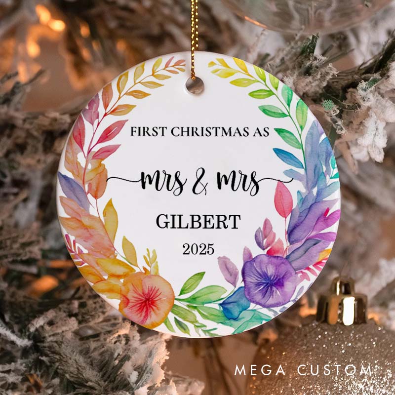 Personalized First Christmas as Mrs and Mrs Floral Ornament LGBTQ Lesbian Ornament for Her LGBTQA+ Christmas Ornament