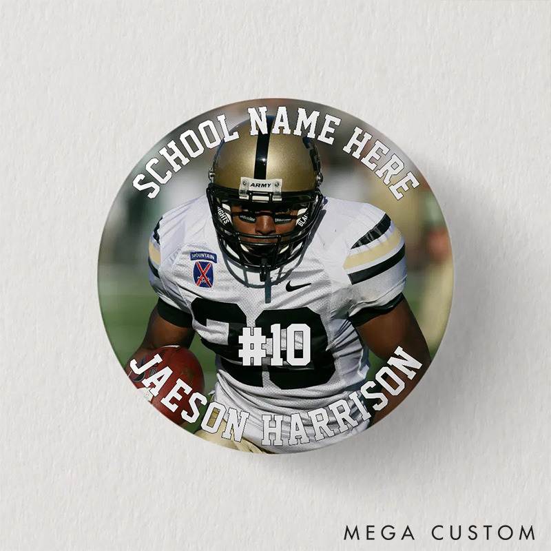 Personalized American Football Button Pin with Custom School Name, Name, Number and Photo