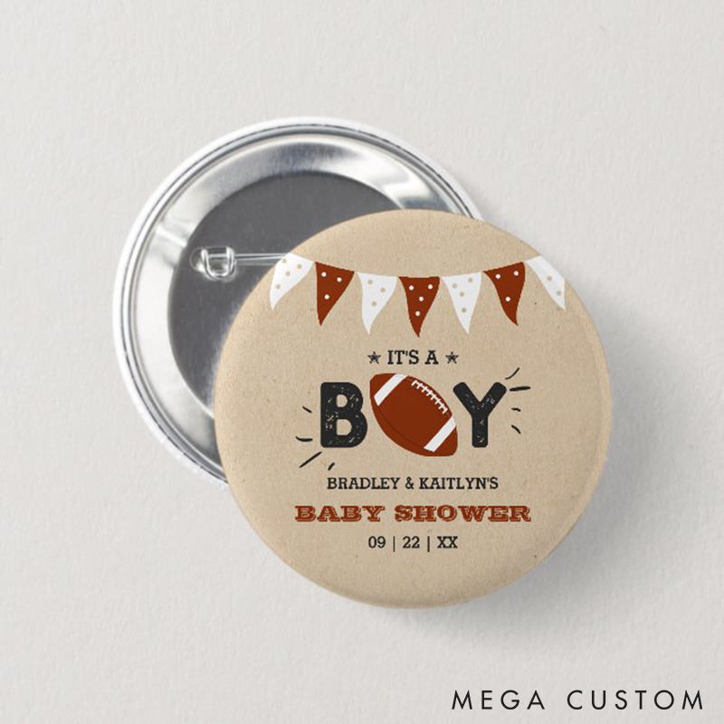 Personalized It’s a Boy American Football Birthday Design Button Pin with Custom Name and Special Date