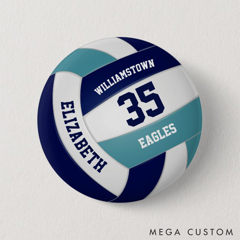Personalized Team Spirit Volleyball Button Pin with Custom Player Name, Number and Team Name
