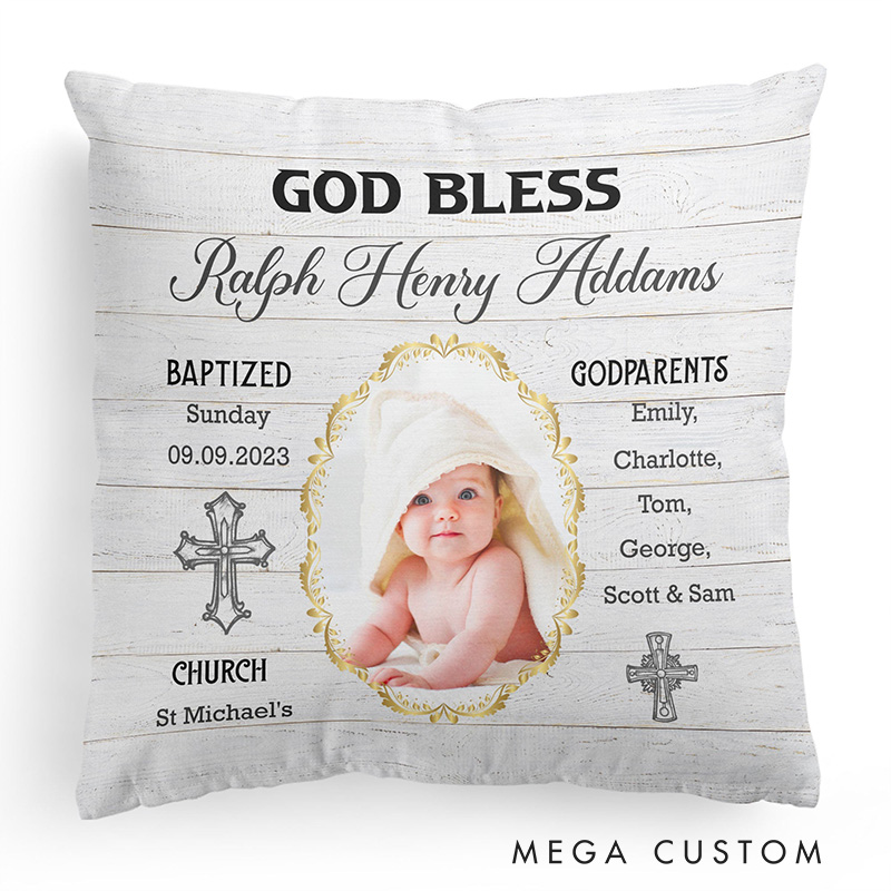 Personalized God Bless Throw Pillow with Name and Photo Religious Gift Baptism Gift for Boys and Girls