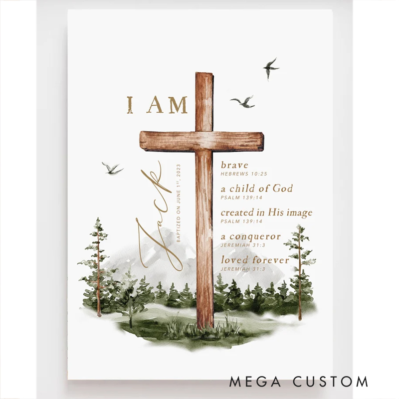 Personalized Cross Forest Bible Verse Framed Painting with Name and Text Wall Decor Christening Baptism Gift for Boys