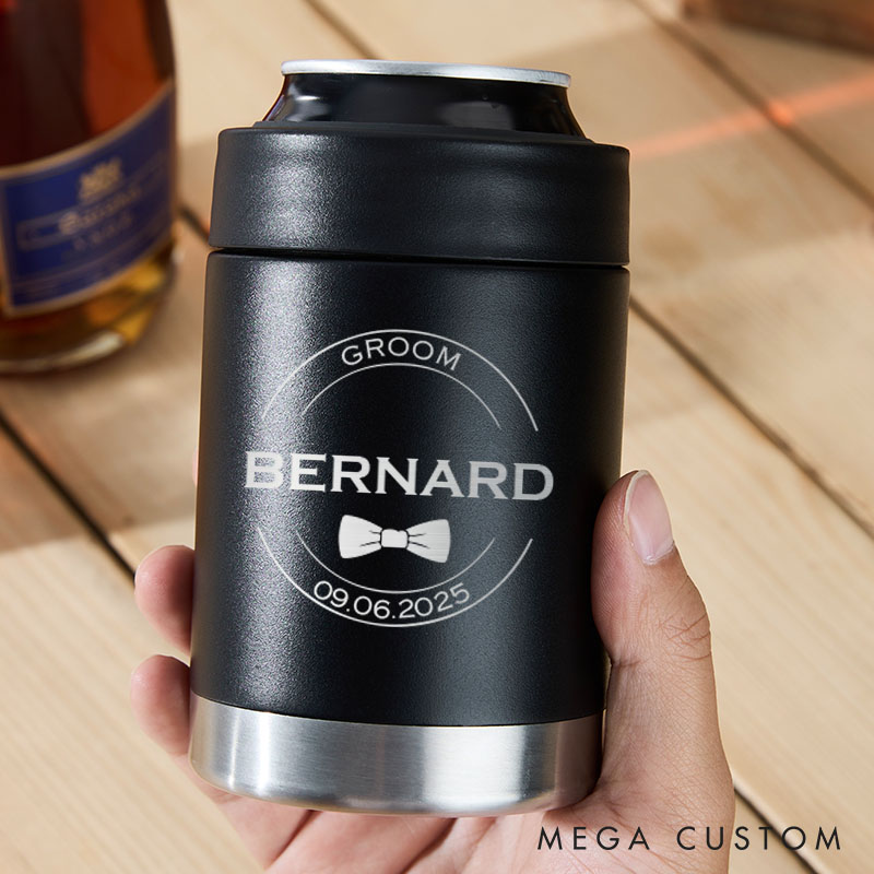 Personalized Wedding Can Cooler Groom Beer Can Cooler with Name Bachelor Gifts for Groomsmen Best Man Beer Can Holder