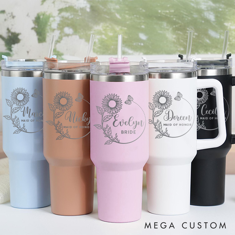 Personalized Bridesmaid Sunflower Wreath 40oz Tumbler Maid of Honor Tumbler with Lid and Straw Bachelorette Party Gift for Her Bridal Shower Tumbler