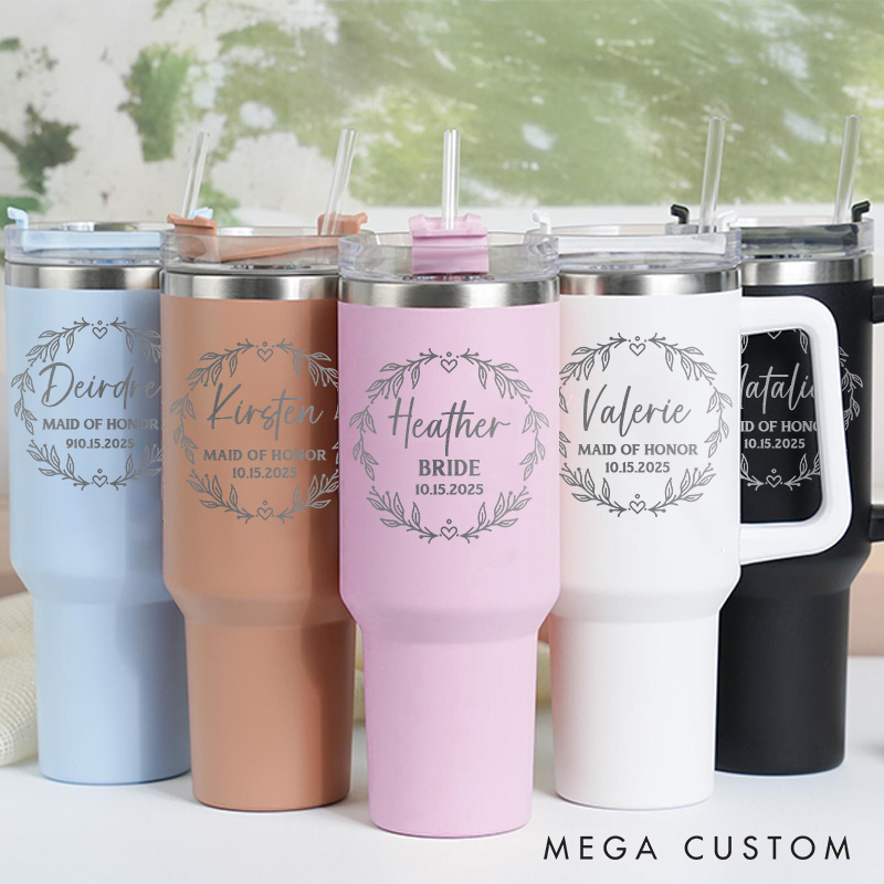 Personalized Bridesmaid Wreath 40oz Tumbler with Heart Maid of Honor Tumbler with Lid and Straw Bachelorette Party Gift for Her Bridal Shower Tumbler