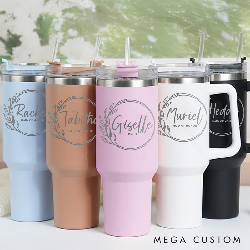 Personalized Bridesmaid Round Wreath 40oz Tumbler Maid of Honor Tumbler with Lid and Straw Bride Bachelorette Party Gift Bridal Shower Tumbler