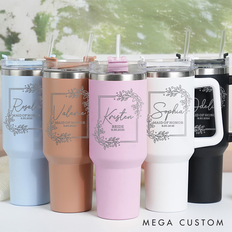 Personalized Bridesmaid Rectangle Wreath 40oz Tumbler Maid of Honor Tumbler with Lid and Straw Bride Bachelorette Party Gift Bridal Shower Tumbler
