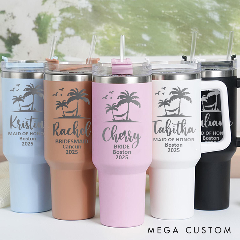 Personalized Bridesmaid Tropical Palm Tree 40oz Tumbler Maid of Honor Tumbler with Lid and Straw Bride Bachelorette Party Gift Bridal Shower Tumbler