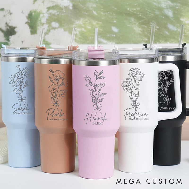 Personalized Beauty Bridesmaid Birth Flower 40oz Tumbler Bride Month Flower Tumbler with Lid and Straw Maid of Honor Bachelorette Party Gift for Her