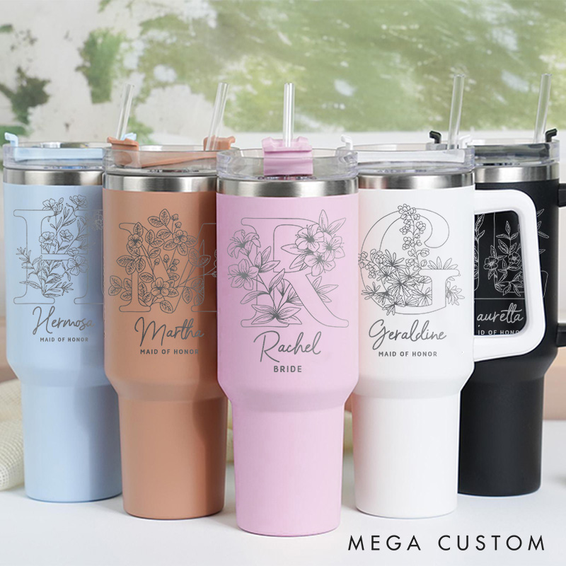 Personalized Bridesmaid Floral Initials 40oz Tumbler Maid of Honor Name Tumbler with Lid and Straw Bride Bachelorette Party Gift Bridal Shower Tumbler
