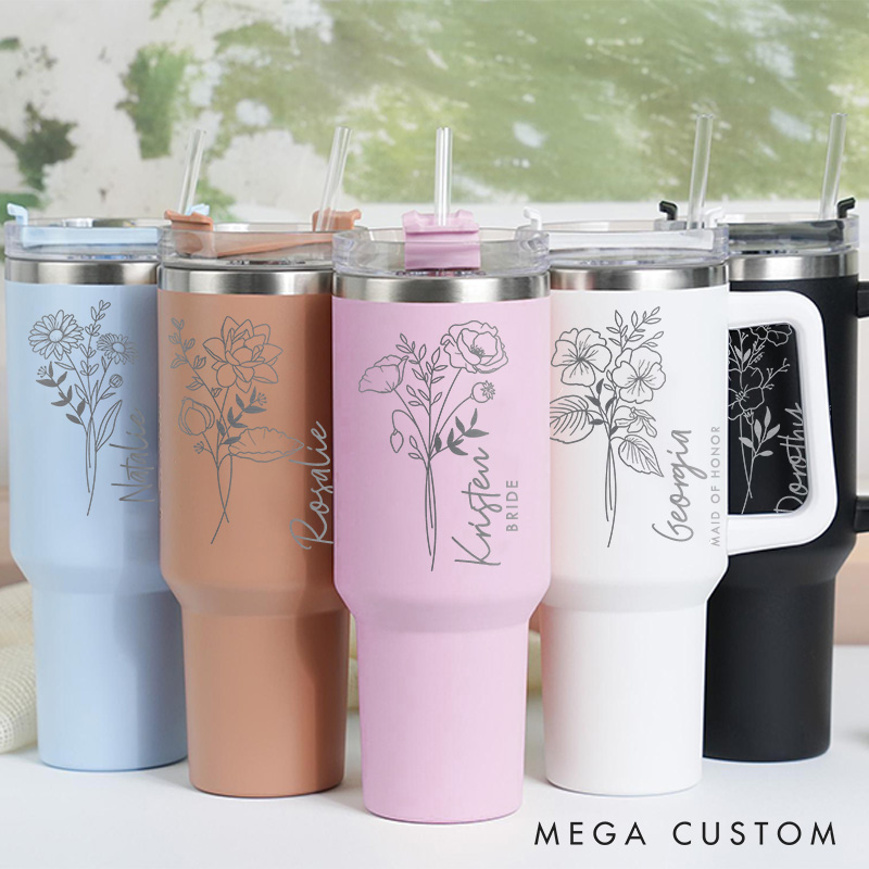 Personalized Bridesmaid Bride Birth Flower 40oz Tumbler Maid of Honor Month Flower Tumbler with Lid and Straw Bachelorette Bridal Shower Party Gift