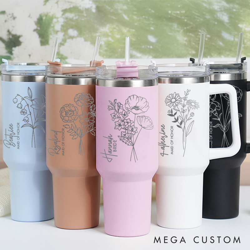 Personalized Stunning Bridesmaid Birth Flower 40oz Tumbler Maid of Honor Month Flower Tumbler with Lid and Straw Bachelorette Party Bridal Shower Gift