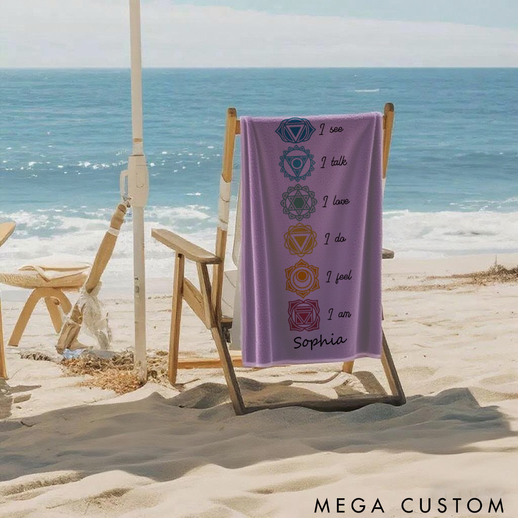 Personalized Chakra Yoga Beach Towel with Seven Chakra Design and Positive Quotes Perfect Gift for Yoga Lover