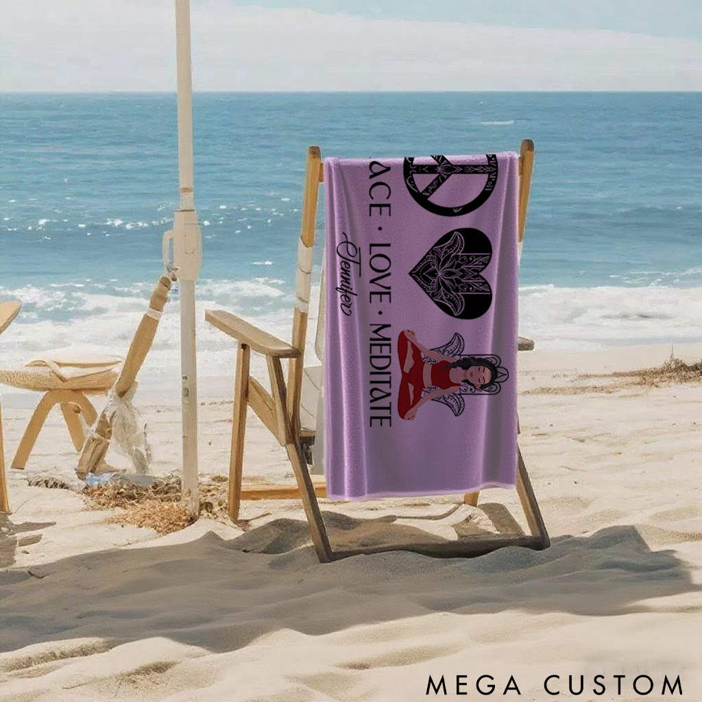 Personalized Peace Love Meditate Beach Towel Perfect Gift for Yoga Lover, Travel and Outdoor Adventures