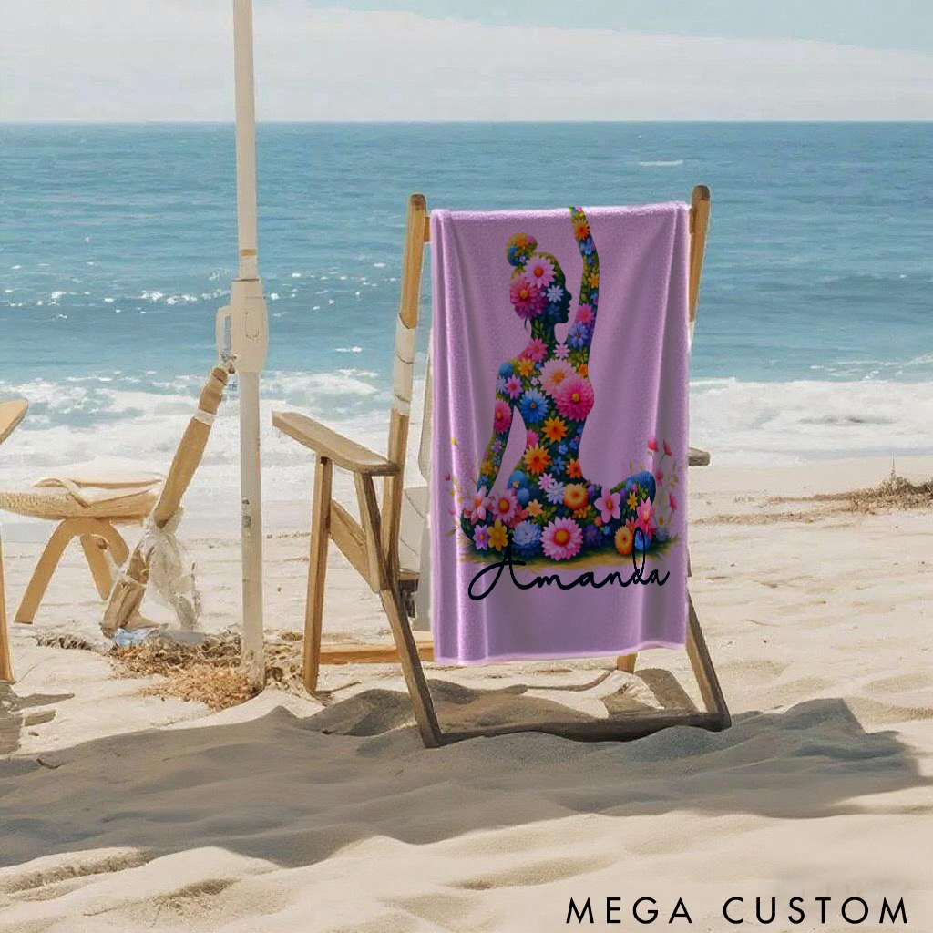 Personalized Floral Yoga Superpower Towel with Vibrant Flower Pose Design Perfect Gift for Yoga Lover