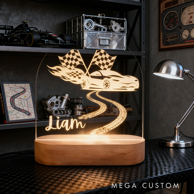 Personalized Night Light Custom LED Lamp with Check Flag Racing Car Design Unique Gift for Racers and Racing Lovers