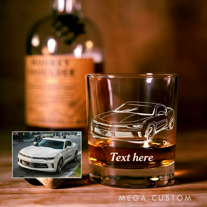 Personalized Your Own Car Engraved Whiskey Glass Custom Car Illustration Rock Tumbler Gift for Racing Lovers