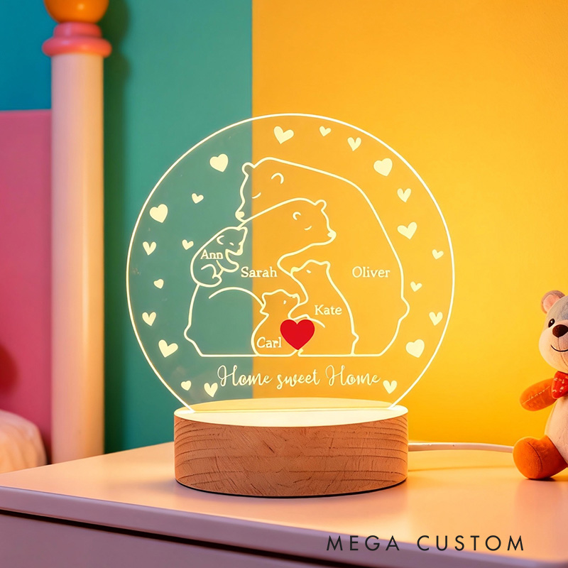 Personalized Heart Bear Family Acrylic LED Night Light with Wooden Base and Text Home Decor Gift for Mom Dad Family Bedroom Living Room Decor