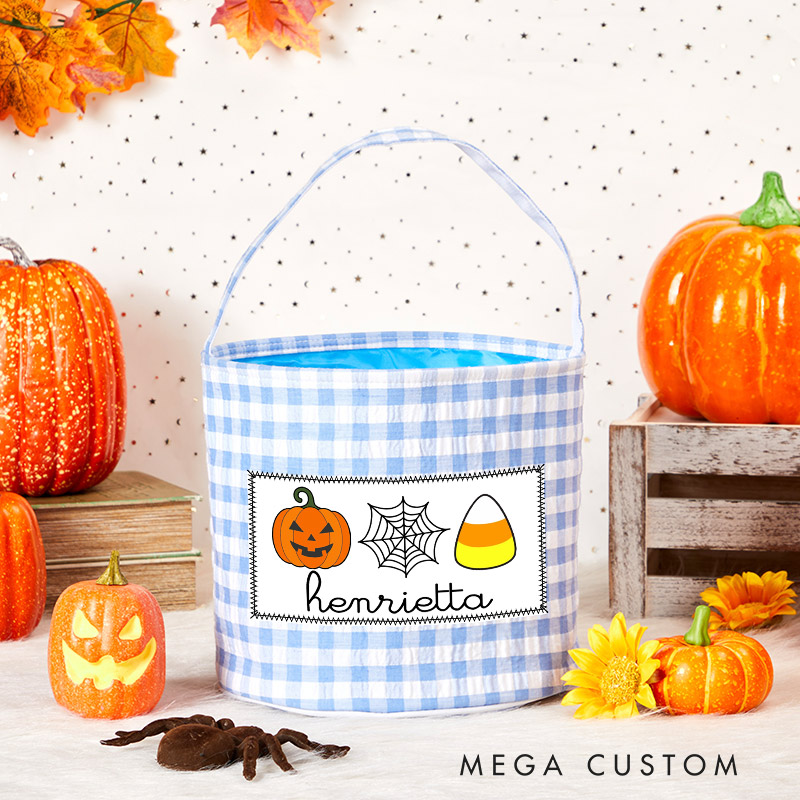 Personalized Halloween Treat Basket Pumpkin Spider Web and Candy Corn Design Basket