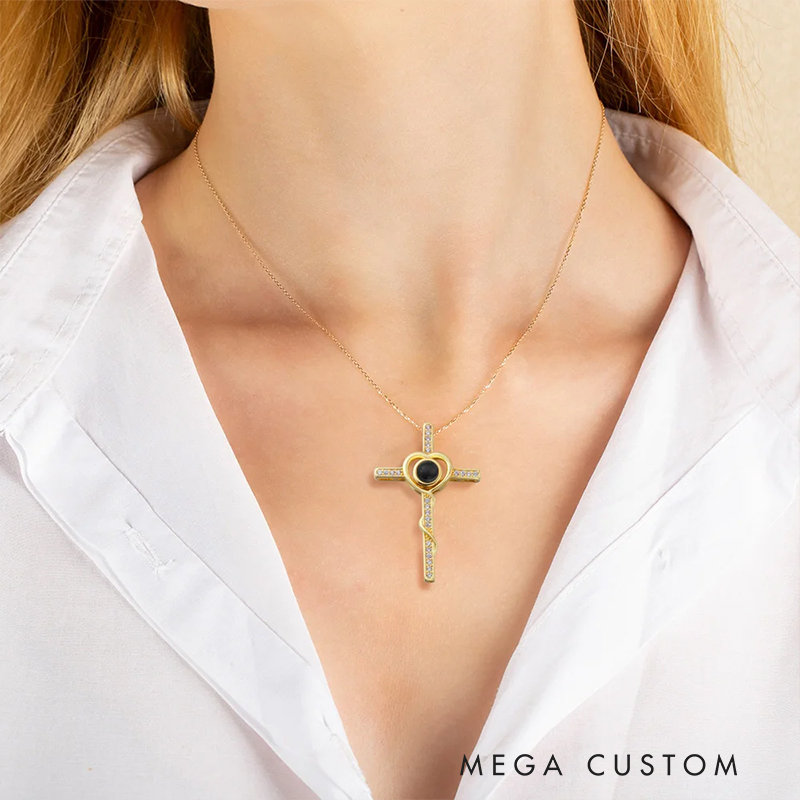 Personalized Photo Projection Cross Heart Necklace I Love You in 100 Languages Anniversary Birthday Gift for Women