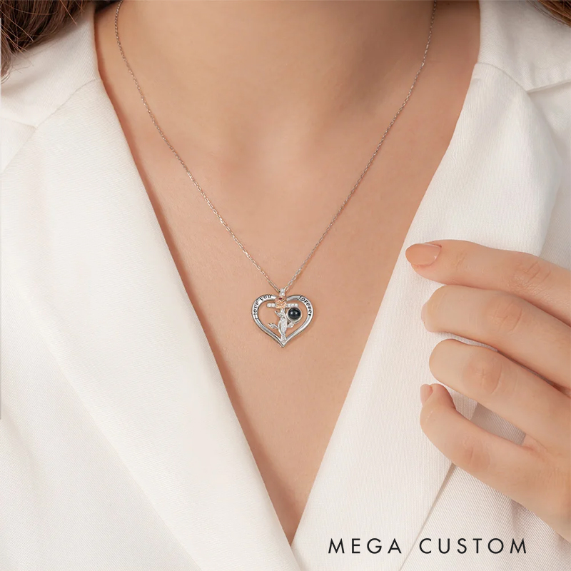Personalized Rose Cross Heart-shaped Micro-Carved Photo Projection Necklace Birthday Anniversary Gift for Woman
