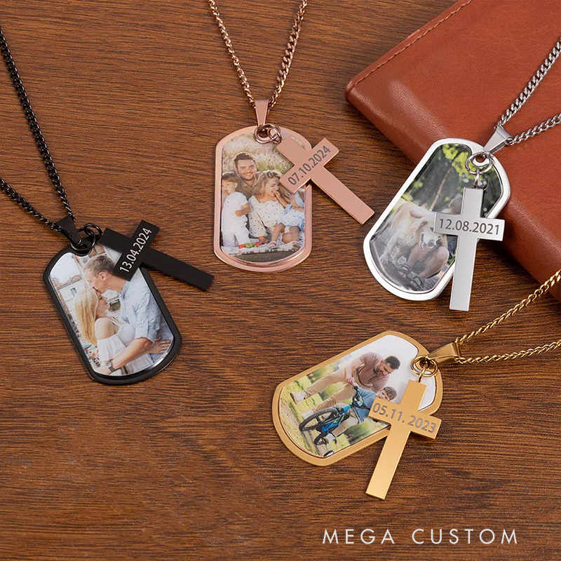 Personalized Photo Cross Dog Tag Necklace with Engraved Text Father's Day Gift Anniversary Gift Birthday Gift for Men Christian Gift