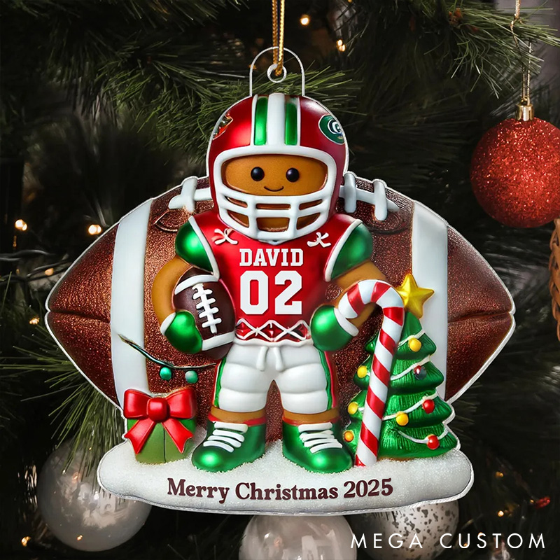 Personalized American Football Gingerbread Figure Acrylic Ornament with Custom Player Name and Number for Football Player 