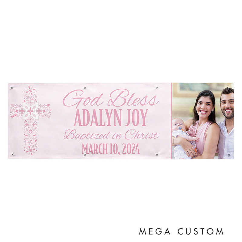 Personalized God Bless Baptism Celebration Photo Banner with Name and Photo Party Decor Religious Gift Baptism Gift for Boys and Girls