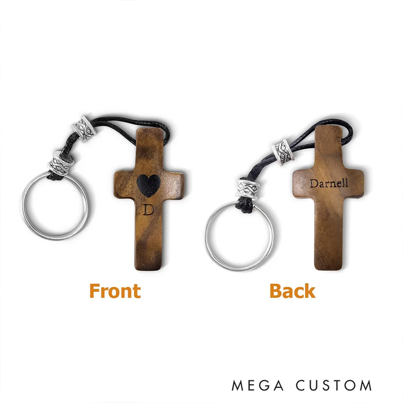 Personalized Wooden Cross Heart Keychain with Initial and Name Engraving Religious Gift Birthday Gift for Christians