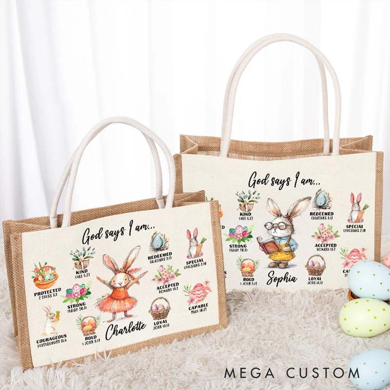 Personalized God Said I Am Cute Dream Job Bunny Bible Jute Tote Bag with Name and Canvas Pocket Easter Birthday Christian Gift for Kids