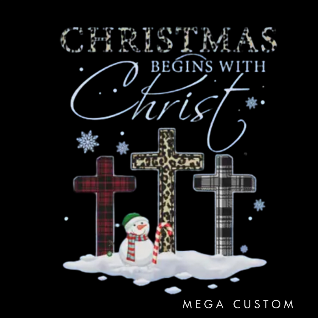Personalized Crosses Snowman Christmas Family Matching Crew Neck T-Shirts with Name Religious Gift for Family