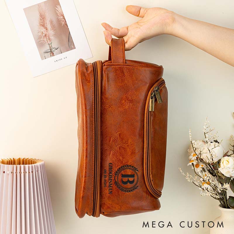 Personalized Groomsmen Leather Toiletry Bag Leaf Wreath Bachelor Favors Dopp Kit for Groom Wedding Party Gift Shaving Kit Bag